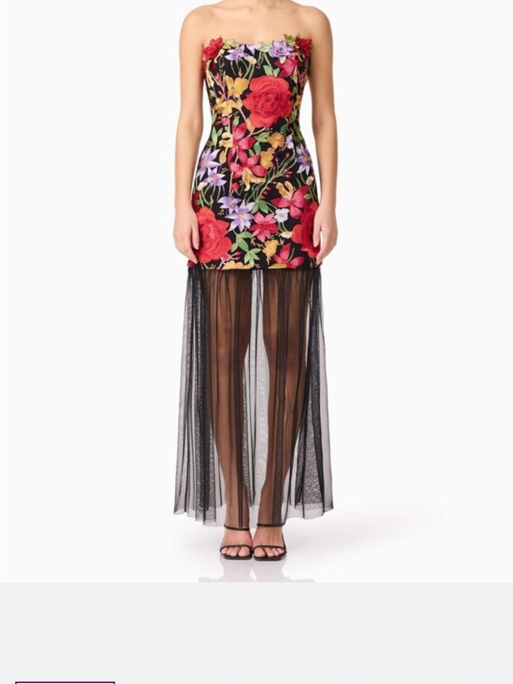 Elliatt Black Strapless Floral Maxi Dress with Sheer Overlay